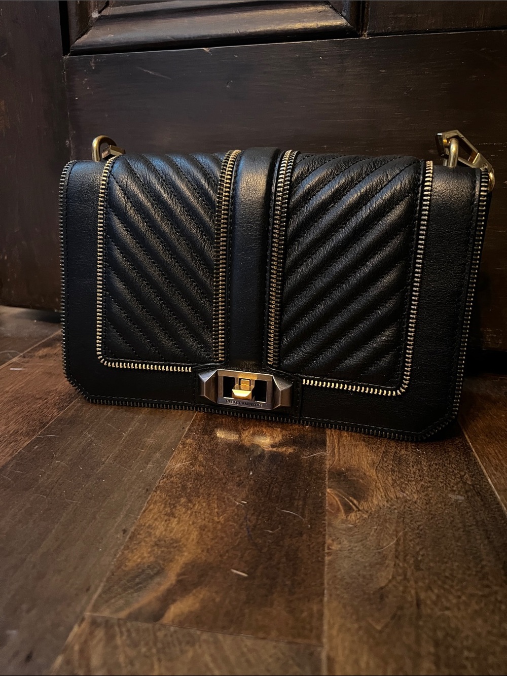 Rebecca Minkoff Black Quilted Leather Crossbody Bag with Gold Hardware
